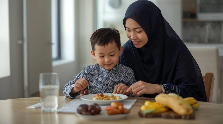 Salah satu kunci keberhasilan mengajarkan anak puasa adalah memperhatikan menu sahur. (foto: Ilustrasi AI/TRENDS.co.id)
